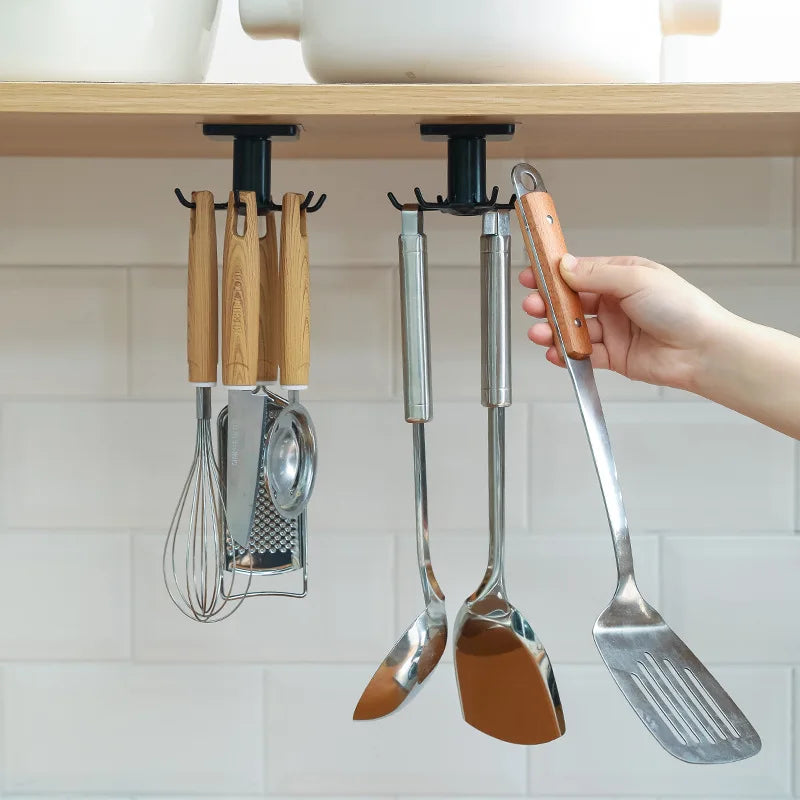 360° Rotating Kitchen Utensil Hooks - No-Drill Adhesive Rack