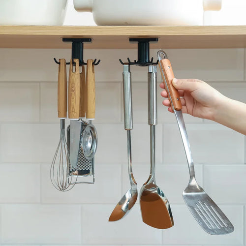 360° Rotating Kitchen Utensil Hooks - No-Drill Adhesive Rack