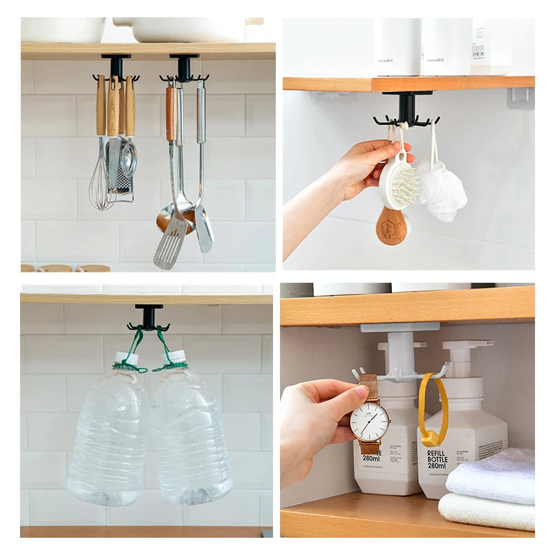 360° Rotating Kitchen Utensil Hooks - No-Drill Adhesive Rack