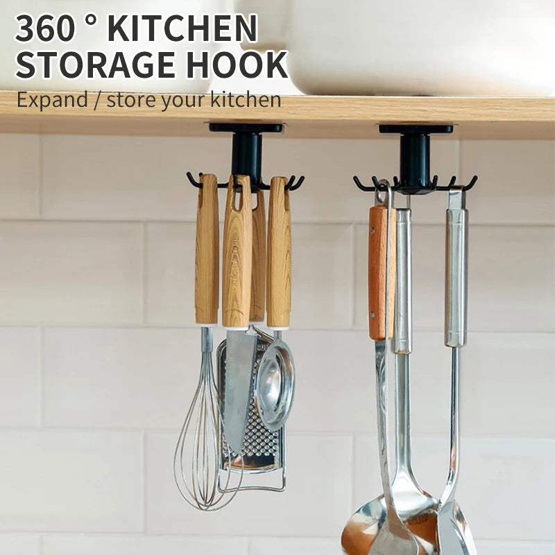 360° Rotating Kitchen Utensil Hooks - No-Drill Adhesive Rack