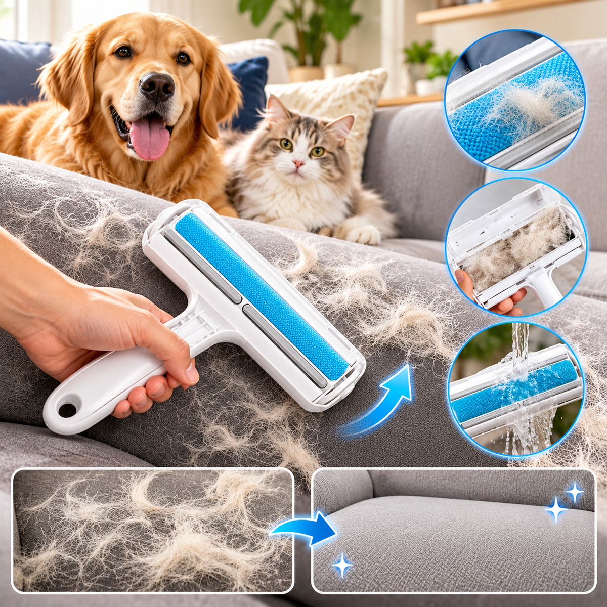 Reusable Pet Hair Remover Roller - Self-Cleaning Lint Brush for Dogs & Cats